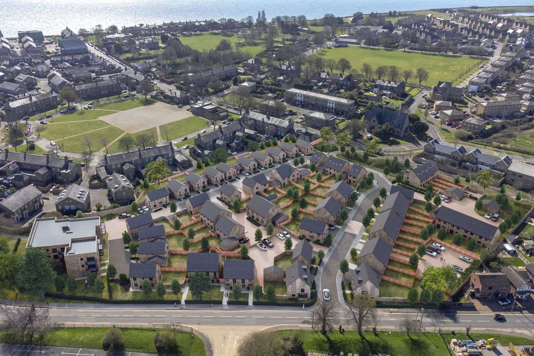 Aerial view of Artillery Mews homes and the surrounding Shoeburyness neighbourhood