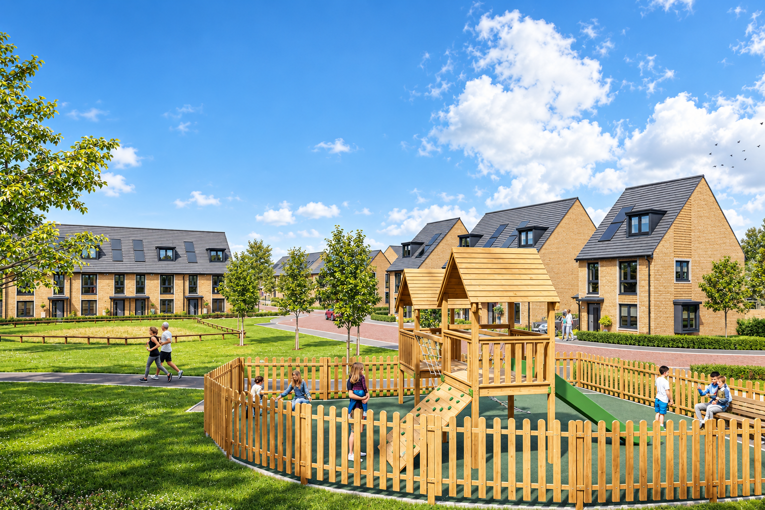 New homes surrounding a landscaped green and children’s playground