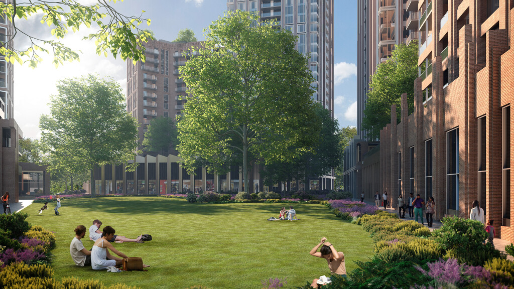 Landscaped communal gardens between residential towers at Ruby Triangle