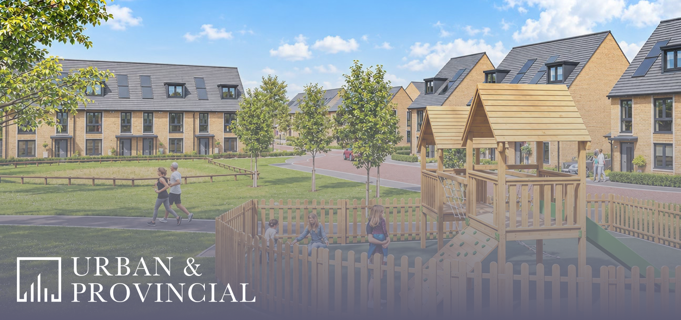 New homes surrounding a landscaped green and children’s playground